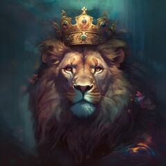 Abstract painting concept. Colorful art of a lion with a crown, Animals, Lo-fi, lo fi Generative AI.