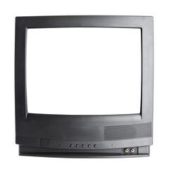 Front panel of vintage black stereo CRT television set with cut out screen isolated on white...