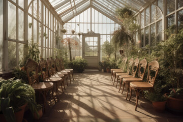 Antique chairs for a celebration in an old Vitoian greenhouse. Preparing for the wedding ceremony in the winter garden. Photorealistic illustration generative AI.