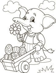 Coloring page outline of the cartoon smiling cute elephant with a flower and eggs. Colorful vector illustration, easter coloring book for kids.