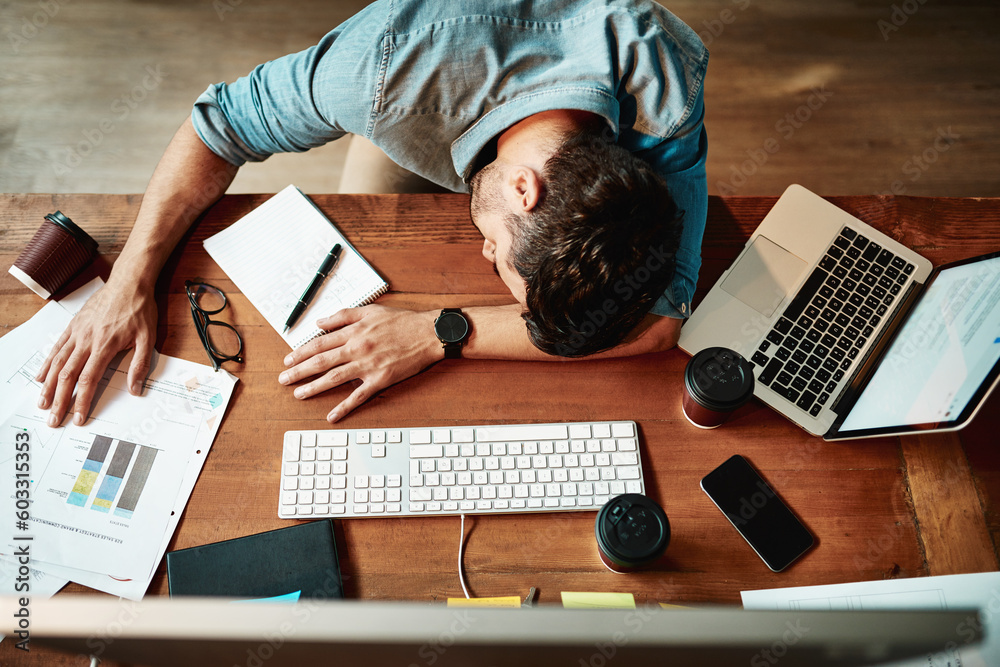 Aufkleber top view, tired man and sleeping at desk in office with burnout, bored and stress. fatigue, lazy and