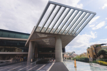 View of Acropolis Museum facade building exterior entrance, an archaeological museum in Athens center, Attica, Greece in a summer sunny day
