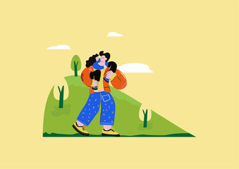 The daughter is sitting on her father's shoulders. Stylized vector characters. No gradients.