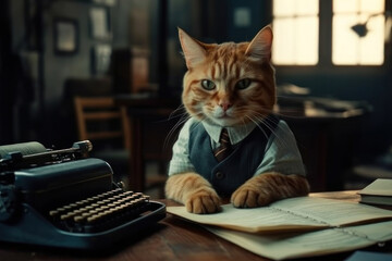 Cat in a jacket and a typewriter. AI generative.