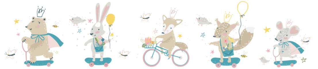 Naklejka premium Riders Animals. Cartoon wild animals riding vehicles bikes, scooters, scates. Vector collection