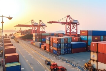 aerial view, shipping container port terminal, colorful containers in the harbor