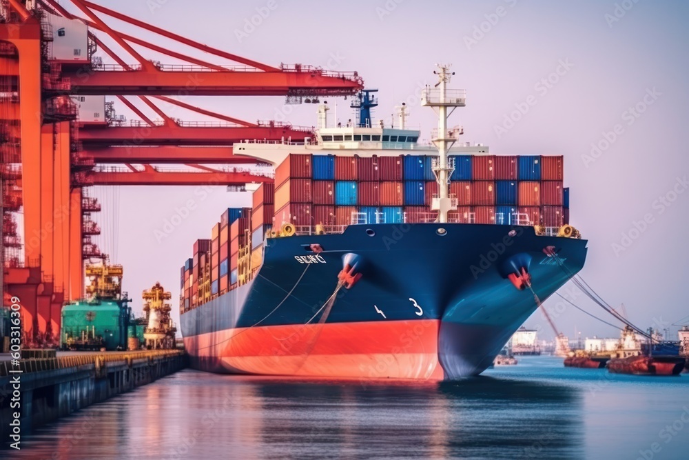 Poster dynamic scene of a sea port, where a container ship loading containers. freight transportation