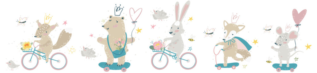 Riders Animals. Cartoon wild animals riding vehicles bikes, scooters, scates. Vector collection