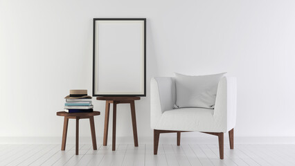 Wooden picture frame on the table in a white room with white chairs and many books, 3d rendering