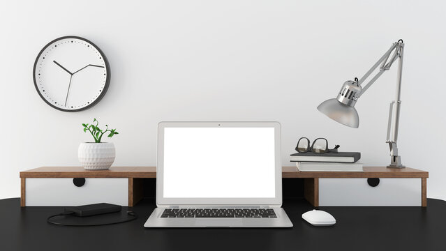 The computers on the work desk with work equipment and on the walls are wall clocks,3D Rendering.