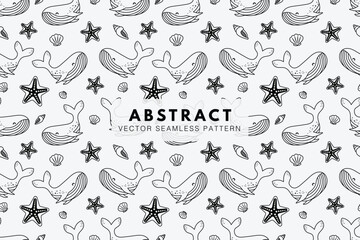 Whale shark sea animal with starfish and sea shells cute cartoon animal seamless repeat vector pattern