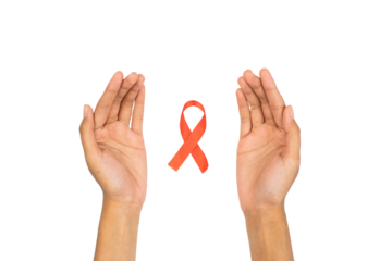 hands with red health ribbon. HIV AIDS awareness symbol