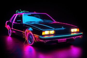 vintage transport retro car isolated on black, neon lightning. Generative ai