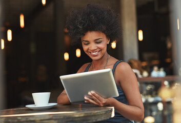 Coffee shop store, tablet and happy woman reading online blog story, positive customer experience review or service feedback. Cafe manager, freelance blog or person smile for restaurant sales revenue