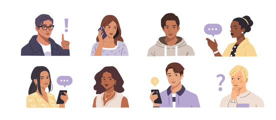 People portraits illustration set. Young female and male faces. Diverse modern characters wearing casual stylish clothes, accessories and holding smartphones. Vector illustration.