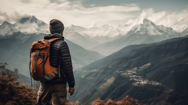 Engaged in the activity of hiking, the active individual relishes the captivating scenery of the mountain range while embracing a sporty travel lifestyle. Generative AI