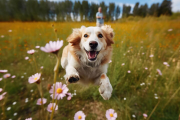  Playful and happy dog runs through a flower field