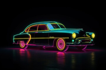 Obraz na płótnie Canvas vintage transport retro car isolated on black, neon lightning. Generative ai