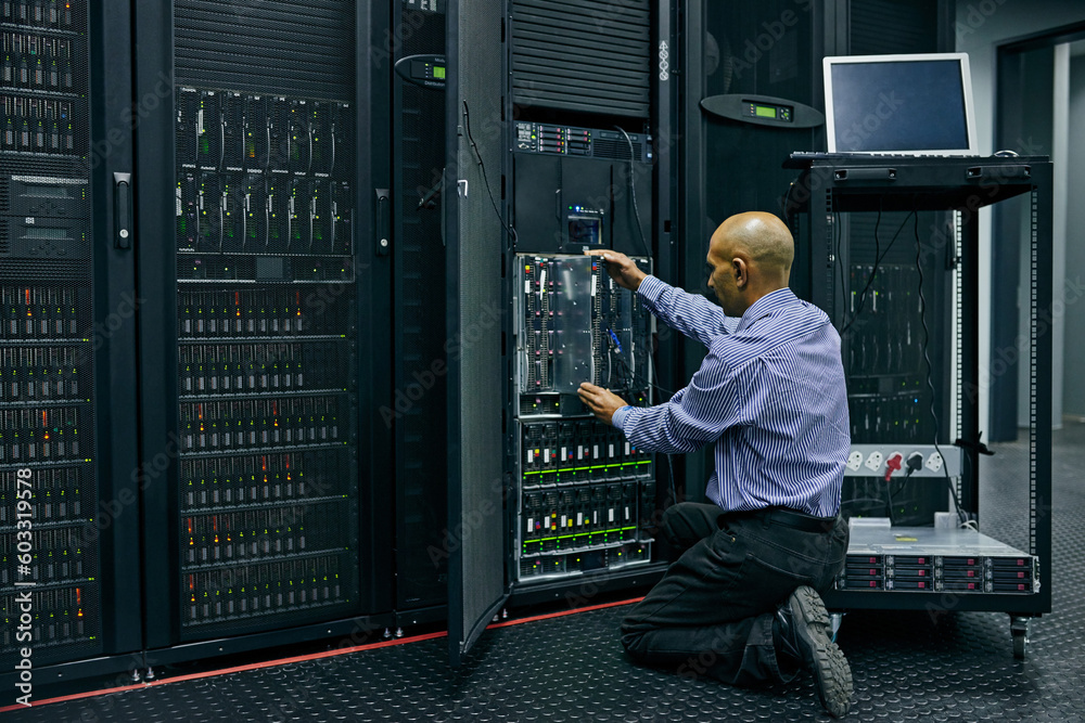 Poster database, software and a man engineer in a server room for cybersecurity maintenance on storage hard