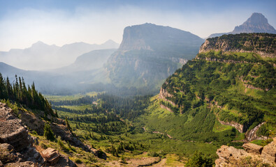 Forest Fire Haze at a Roadside Overlook Along Road to the Sun in Glacier National Park, Montana