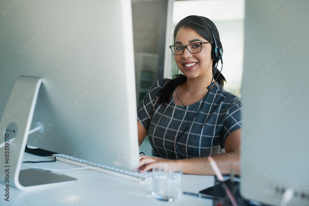 Poster call center, computer and consulting with portrait of woman in office for customer support, advisory