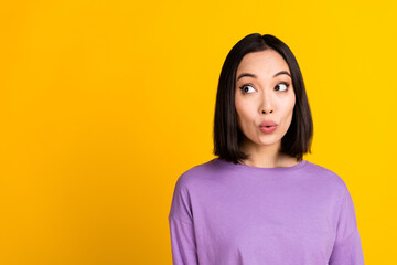 Portrait of japanese young woman black hair look empty space pouty lips surprise low prices...