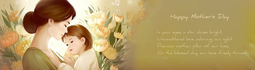 Obraz na płótnie Canvas Mother's Day card, Happy Mother's Day, Happy Mother's Day, Poem card, flower, flower bouquet Illustration with AI