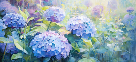 hydrangea flowers in light impressionist oil painting style. Light blue and light purple Hydrangea flowers in full bloom, in the garden. Hand edited generative
Hand edited generative AI. 