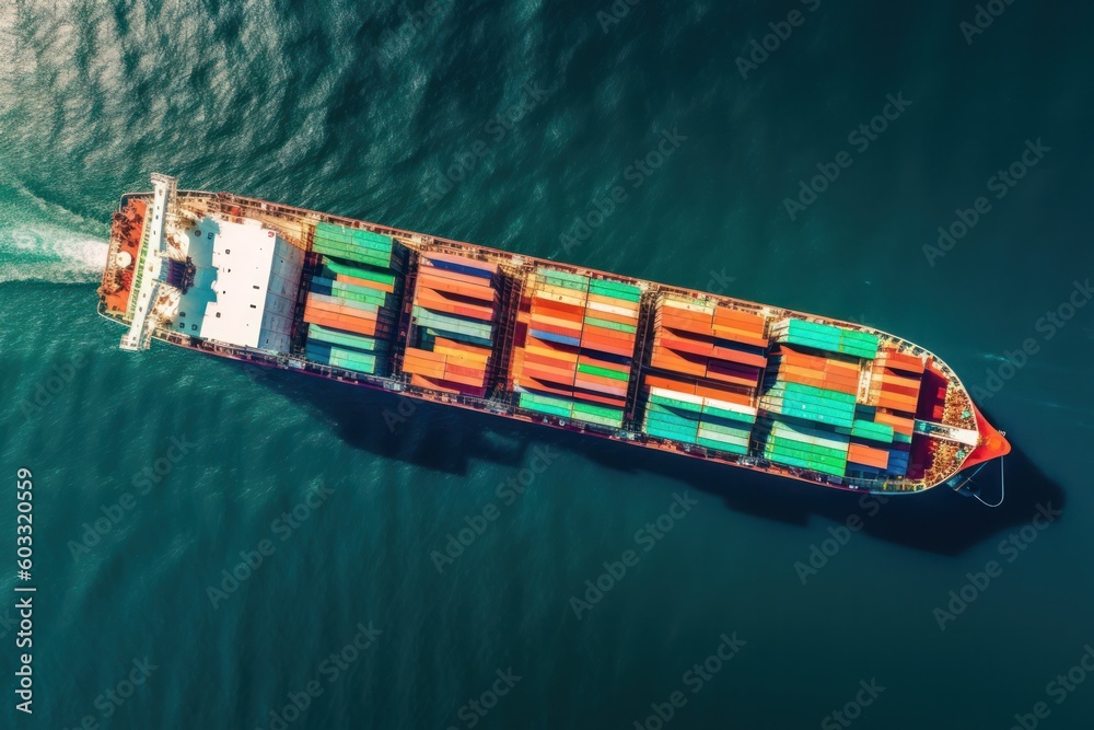 Poster aerial view container ship loaded with containers, fright shipping and transportation