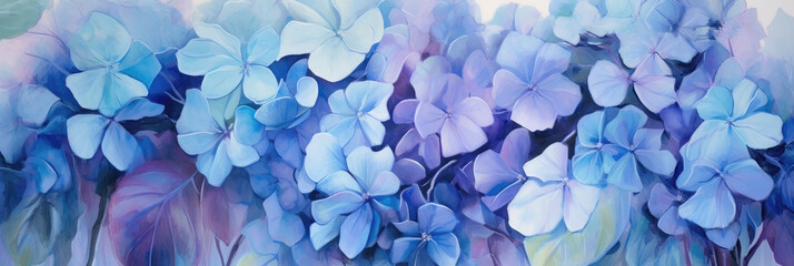 hydrangea flowers in light impressionist oil painting style. Light blue and light purple Hydrangea flowers in full bloom, in the garden. Wide format. Hand edited generative AI. - obrazy, fototapety, plakaty
