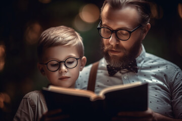 A father and son reading a book together, Father's day, bokeh Generative AI