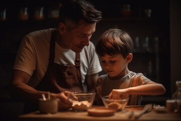 A father and son cooking together in the kitchen, Father's day, bokeh Generative AI