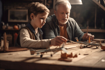 A father and son building a model airplane, Father's day, bokeh Generative AI