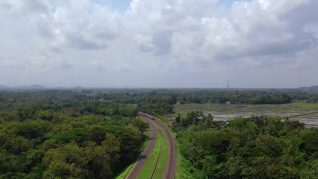 Aerial view of the  train passes through the area of green trees and rice fields with cloudy sky during the day. The train runs away and disappeared from sight - 4K drone footage