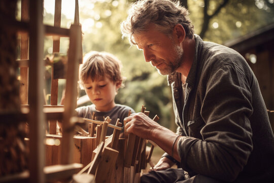 A father and son building a treehouse, Father's day, bokeh Generative AI