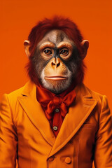 Humanoid Monkey character wearing suit, orange colors, Generative Ai
