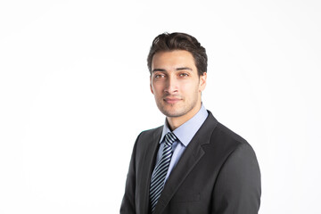 Handsome confident businessman in black suit isolated on white background	