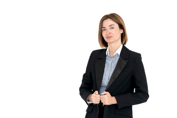 Young confident business lady standing isolated on white background	