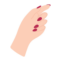 Female hand with red manicure. Hand knock. Non-verbal language. Palm forward. Arm of a white woman. Finger pointing and gesture. Delicate minimalist illustration in flat style. Hand pose.
