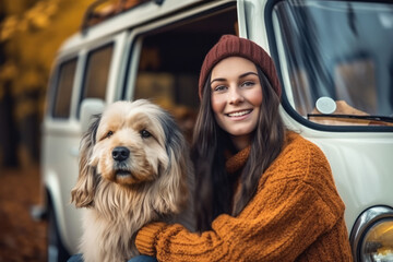 Young woman and her dog next to the car on a beautiful autumn day