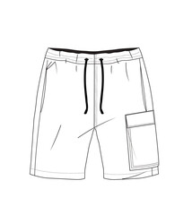 men  flap pocket, drawstring waist with cord, casual short  technical drawing vector,flat sketch