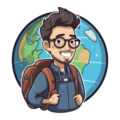 Cartoon male traveler/backpacker travels in the world, vector illustration
