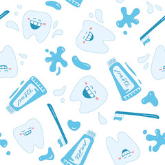 Seamless cute pattern with fairy magic teeth, toothpaste, toothbrush and splash elements