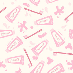 Obraz premium Cute seamless pattern with teethpastes and teethbrushes, dental care on pink background.