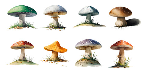 Watercolor mushroom set on transparent background. Generative Ai - obrazy, fototapety, plakaty
