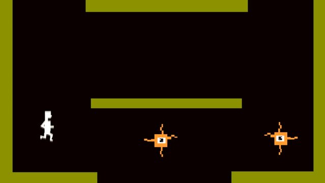 Animation of a game in 8-bit style of man running and shooting enemies in maze, vintage, pixels, 2d.
