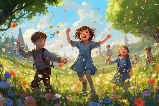 Illustration of a scene of children joyfully playing in a flowers meadow created with Generative AI technology