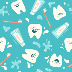 Teeth seamless pattern with toothpase and toothbrush. - 603324524