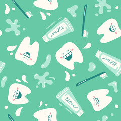 Dental seamless pattern with white teeth on mint background