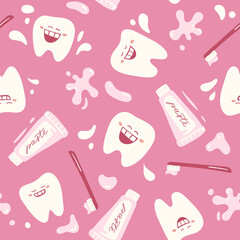 Seamless pattern with cute teeth on pink background, dental design for kid
